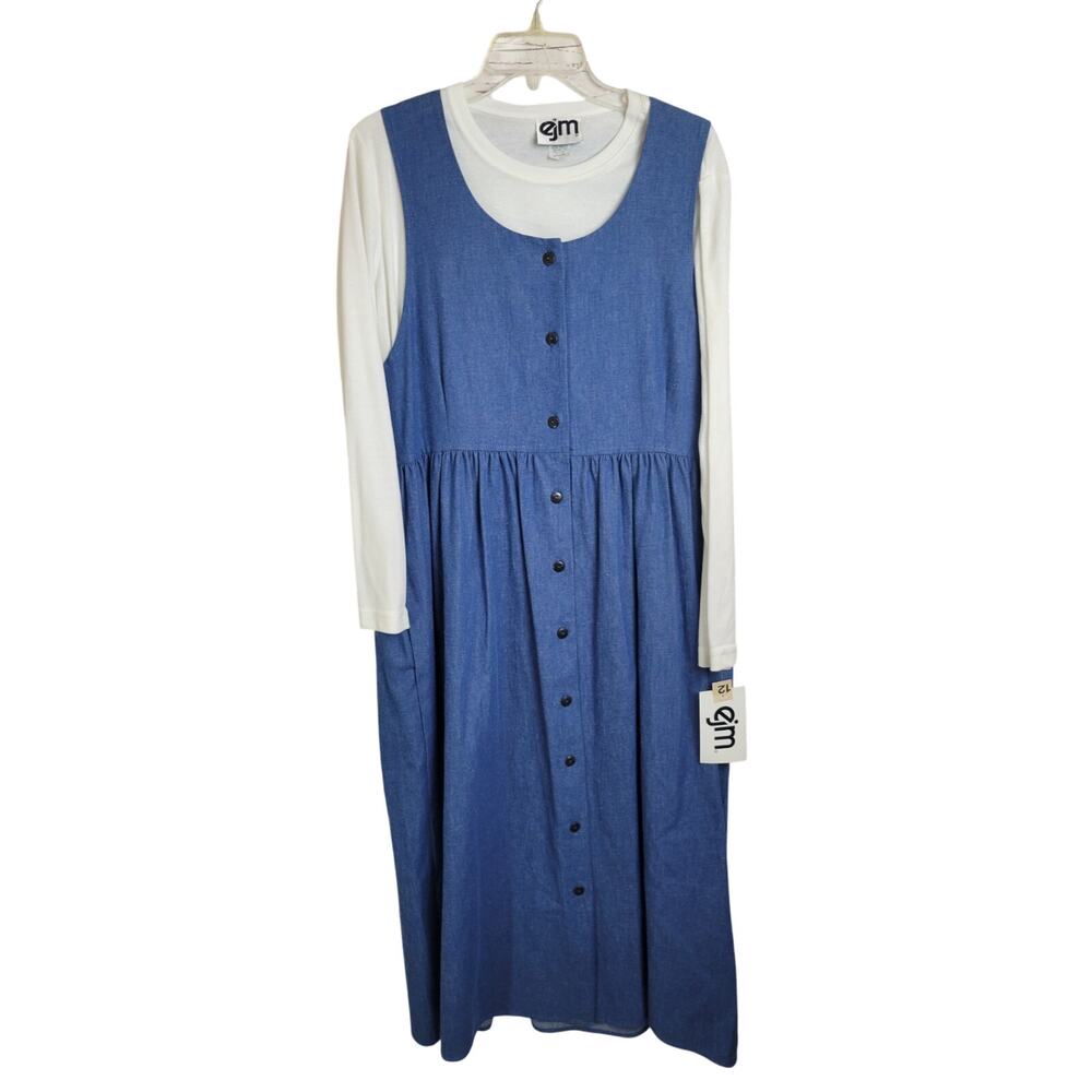 VTG EJM Blue Denim Button Front Pleated‎ 2-Piece Shirt & Dress Women's Size 12